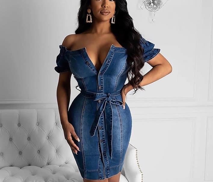 white christmas dresses Girl Off-Shoulder Denim Dress – unik Retail main image 1
